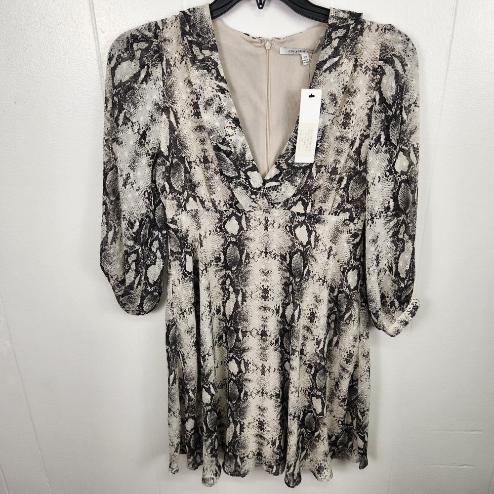 Collective Concepts Dress Womens XS Python Print Swiss Dot V Neck Long Sleeve